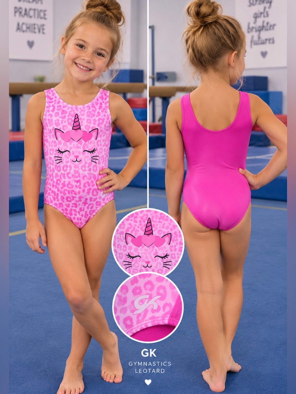 GK Elite Girls Pink Leopard Unicorn Gymnastics Leotard Child Medium CM